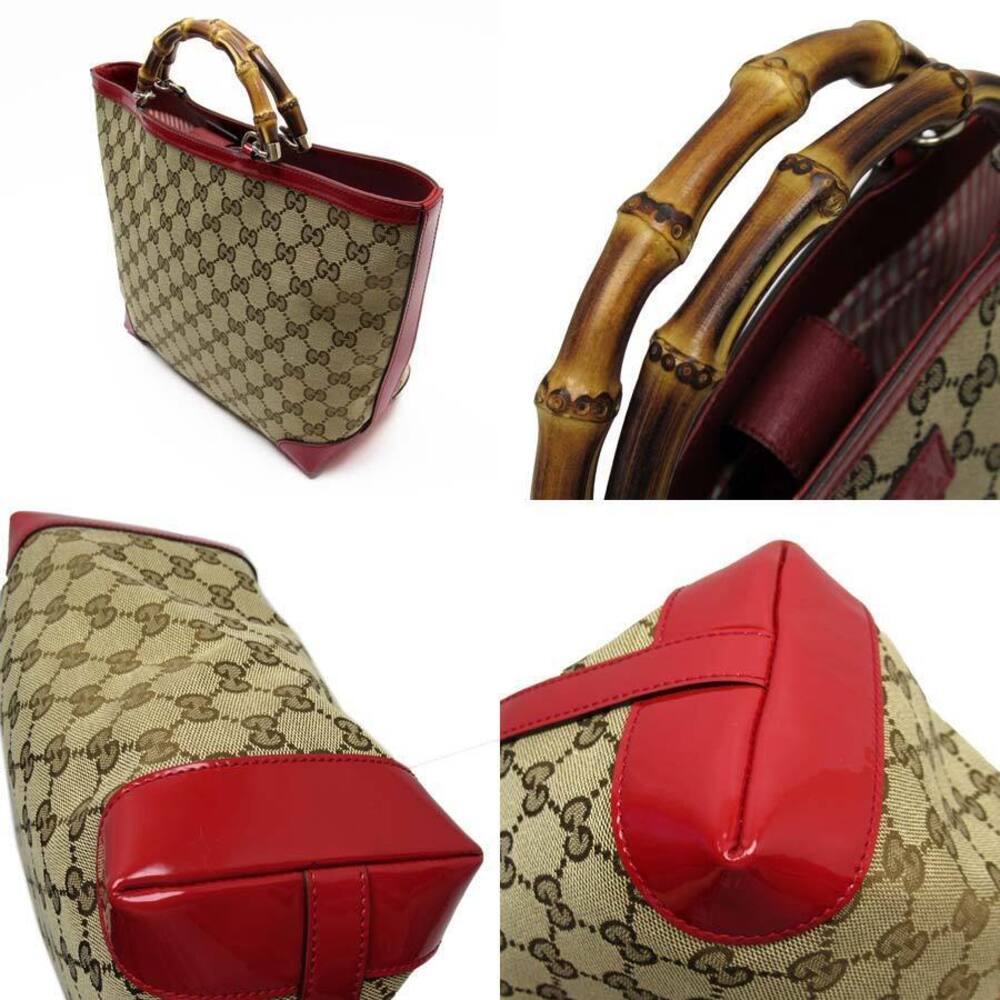 Gucci GG Bamboo Handbag Brown Red Canvas Patent Leather - Picture 2 of 3